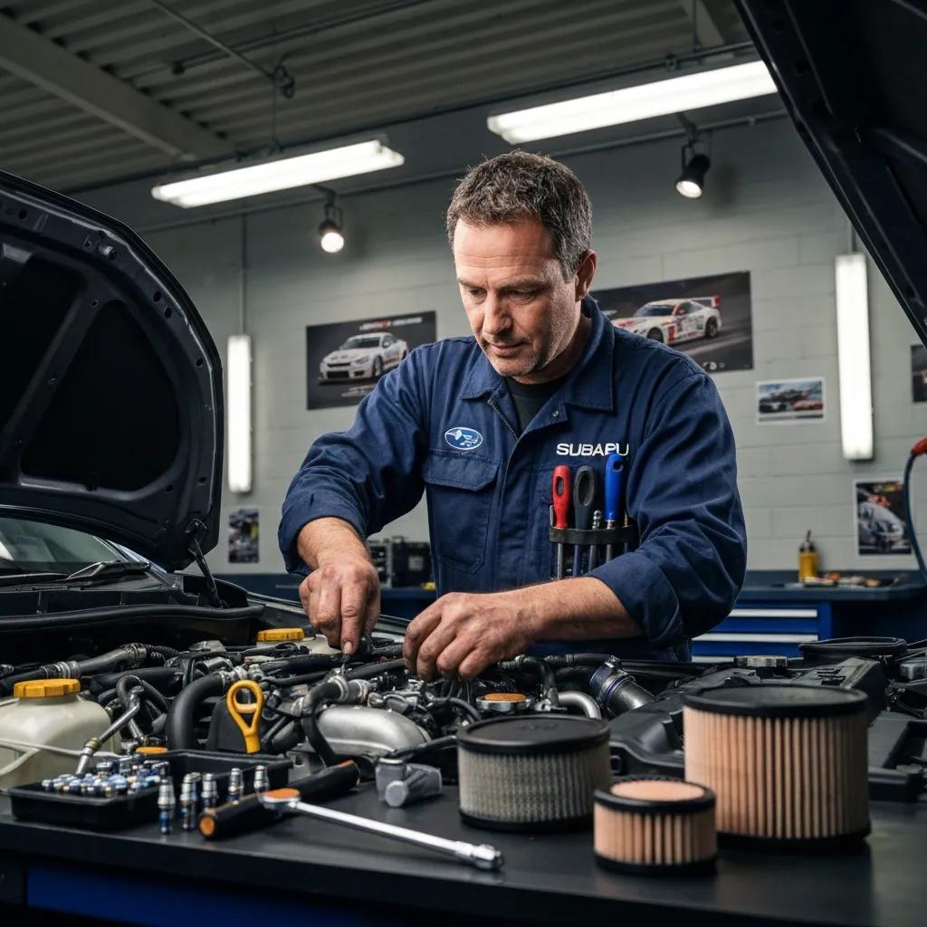 Subaru mechanic working on an engine in a garage, emphasizing expert repair services for Subaru vehicles.