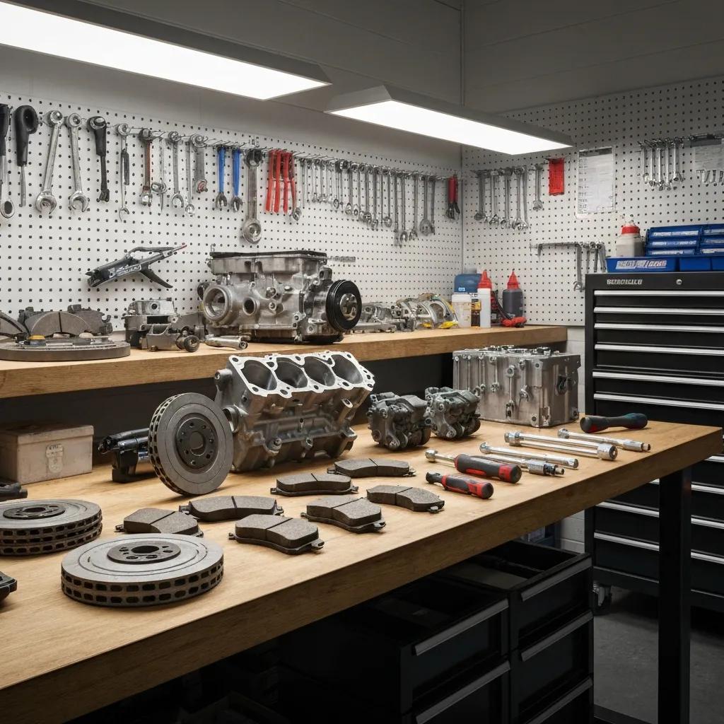 Subaru brake parts and tools on a workbench, showcasing essential components for repair and maintenance services in Castle Rock, CO.