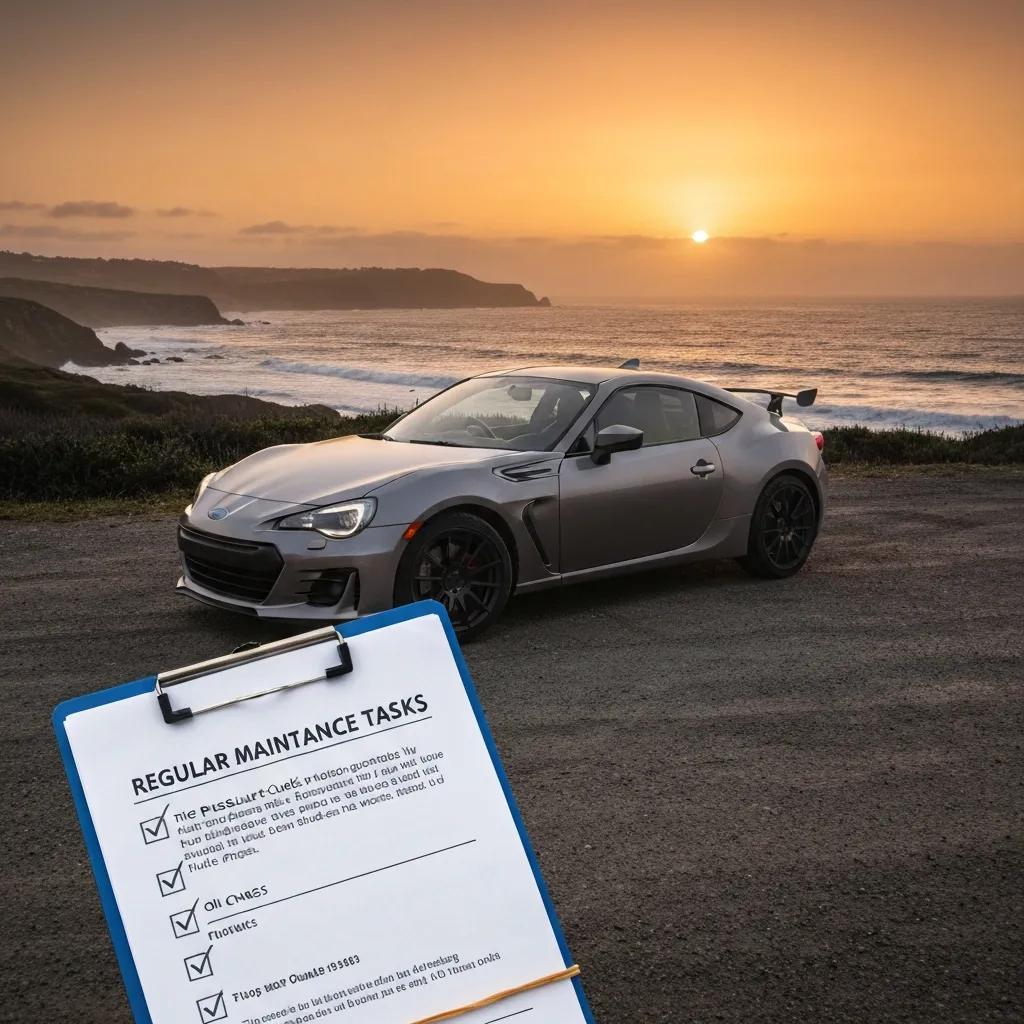 Subaru vehicle parked outdoors with a maintenance checklist highlighting regular service tasks against a sunset backdrop, emphasizing the importance of routine maintenance for optimal performance.