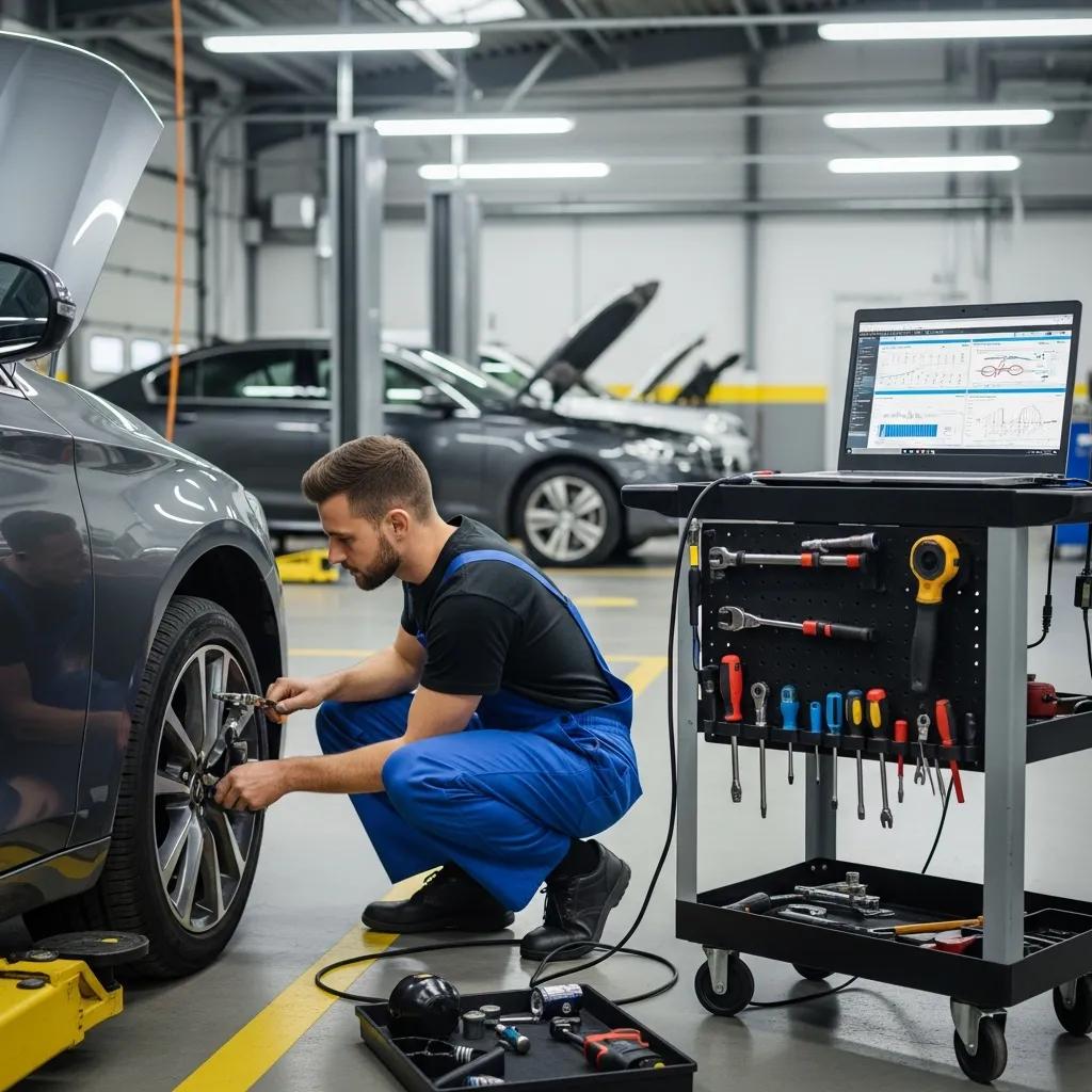 Technician performing preventative maintenance on a vehicle in a clean automotive garage, using diagnostic tools and equipment to ensure optimal vehicle performance and safety.