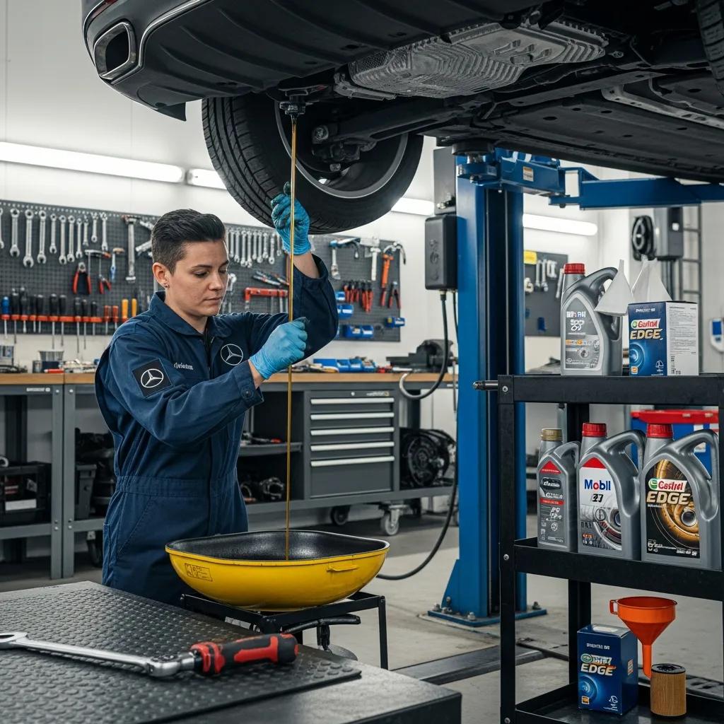 Technician changing oil on a Mercedes‑Benz during routine maintenance
