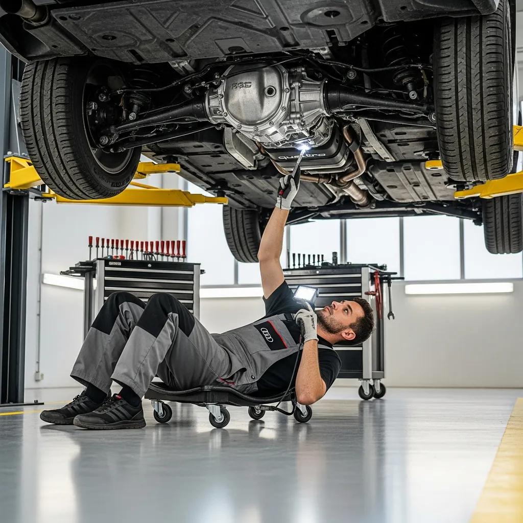 Mechanic performing maintenance on Audi Quattro AWD system components