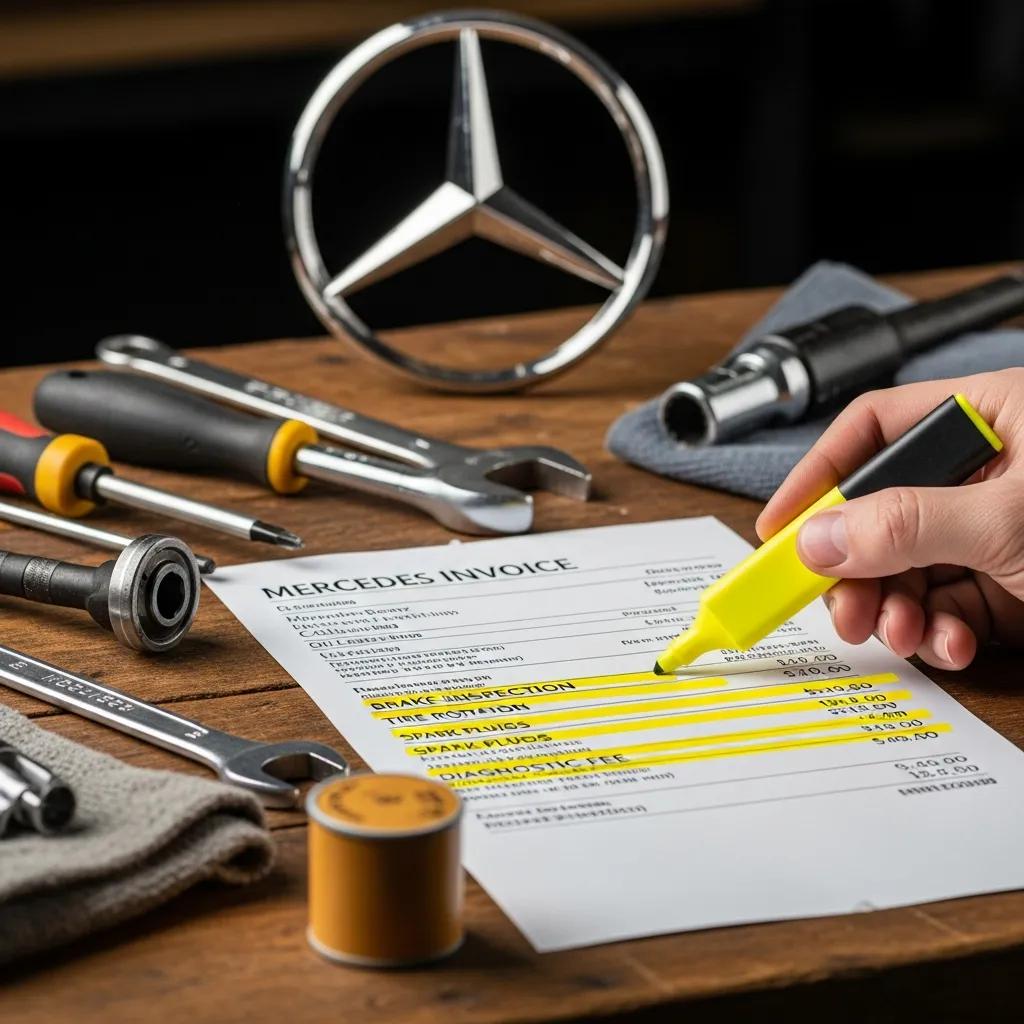 Service invoice for a Mercedes‑Benz showing typical Service B items and costs
