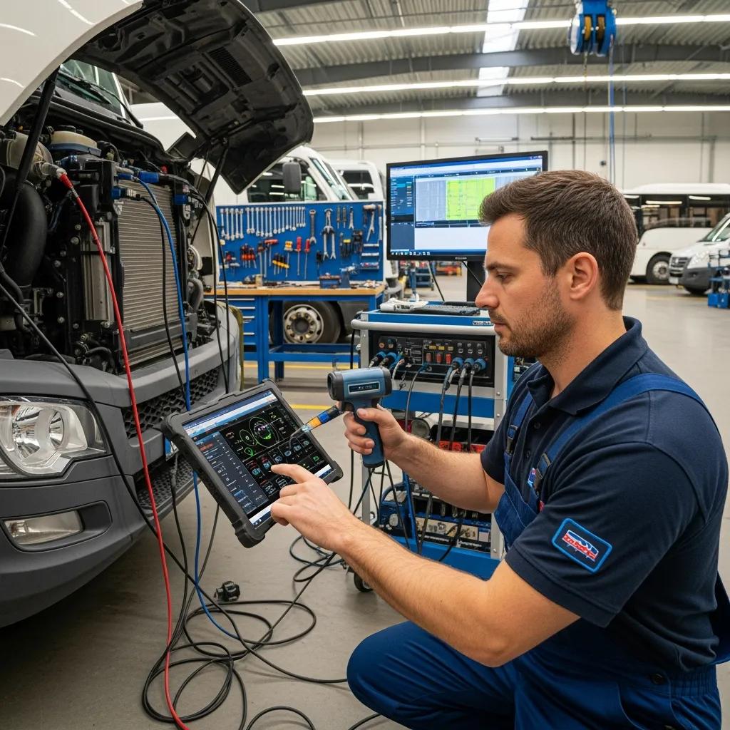 Technician using advanced diagnostic equipment on a commercial vehicle at Titan AutoTech