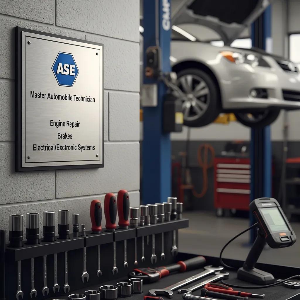 Close-up of an ASE certification plaque in an auto repair shop, emphasizing the importance of certified technicians