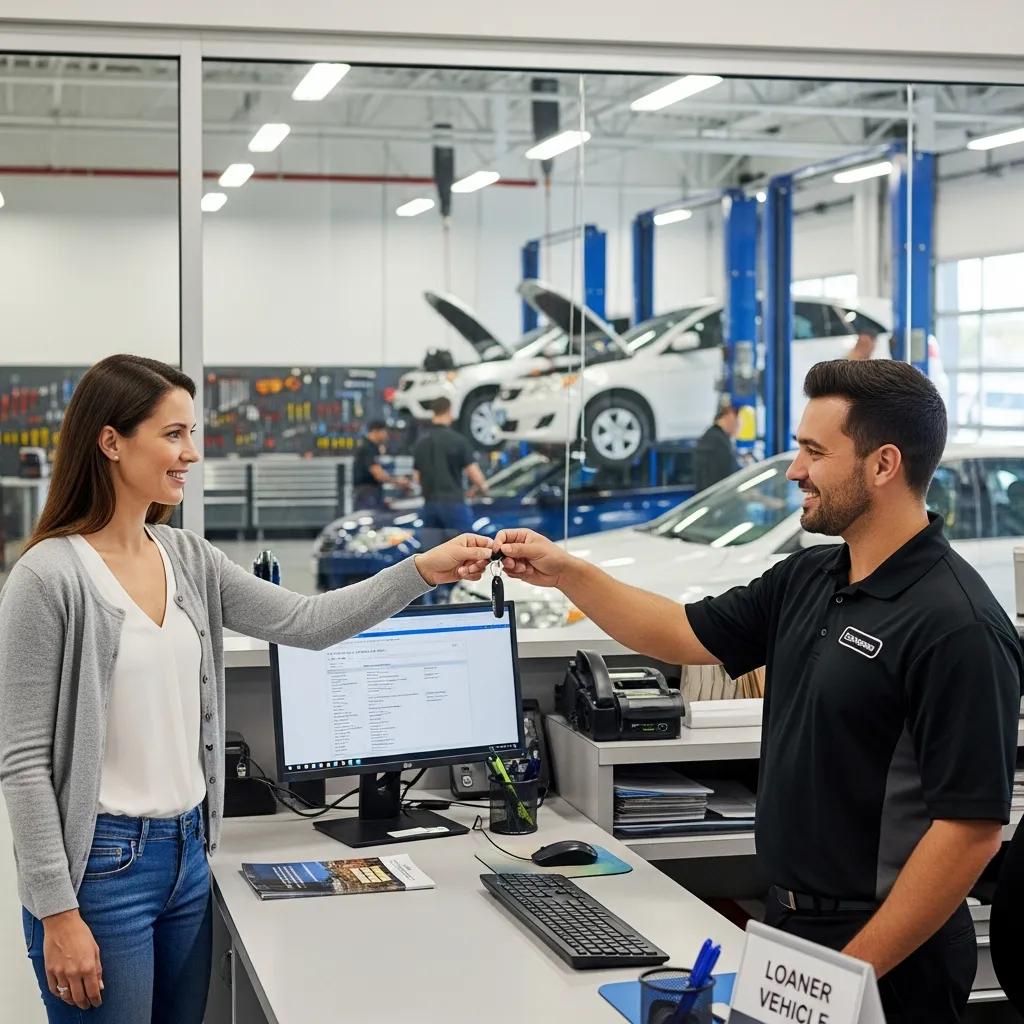 Customer receiving a loaner vehicle from a service advisor, highlighting convenience and customer service in auto repair