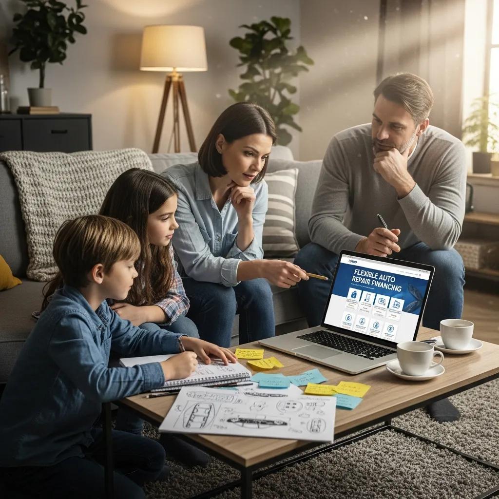 Family discussing flexible financing options for auto repairs in a cozy living room