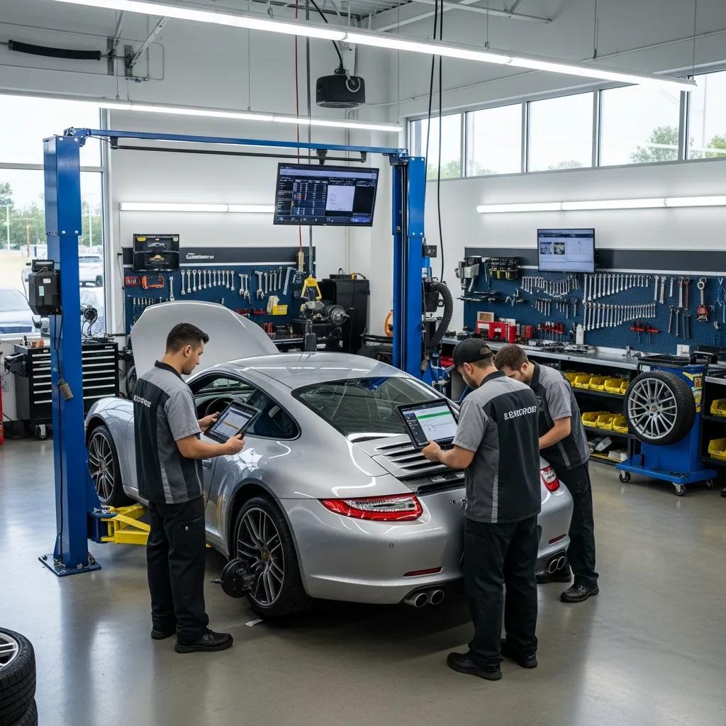 Modern auto repair shop with ASE-certified technicians working on a luxury European car
