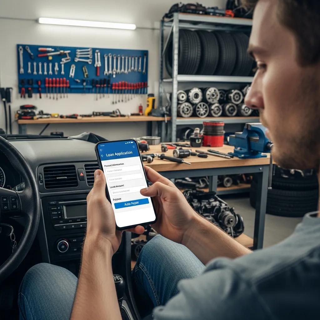Person completing a quick online Wisetack application for car repair financing