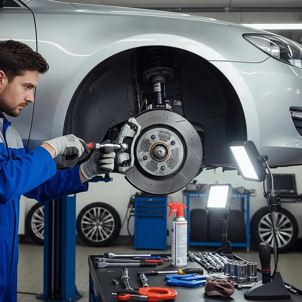 Technician performing brake repairs on a car in a professional workshop
