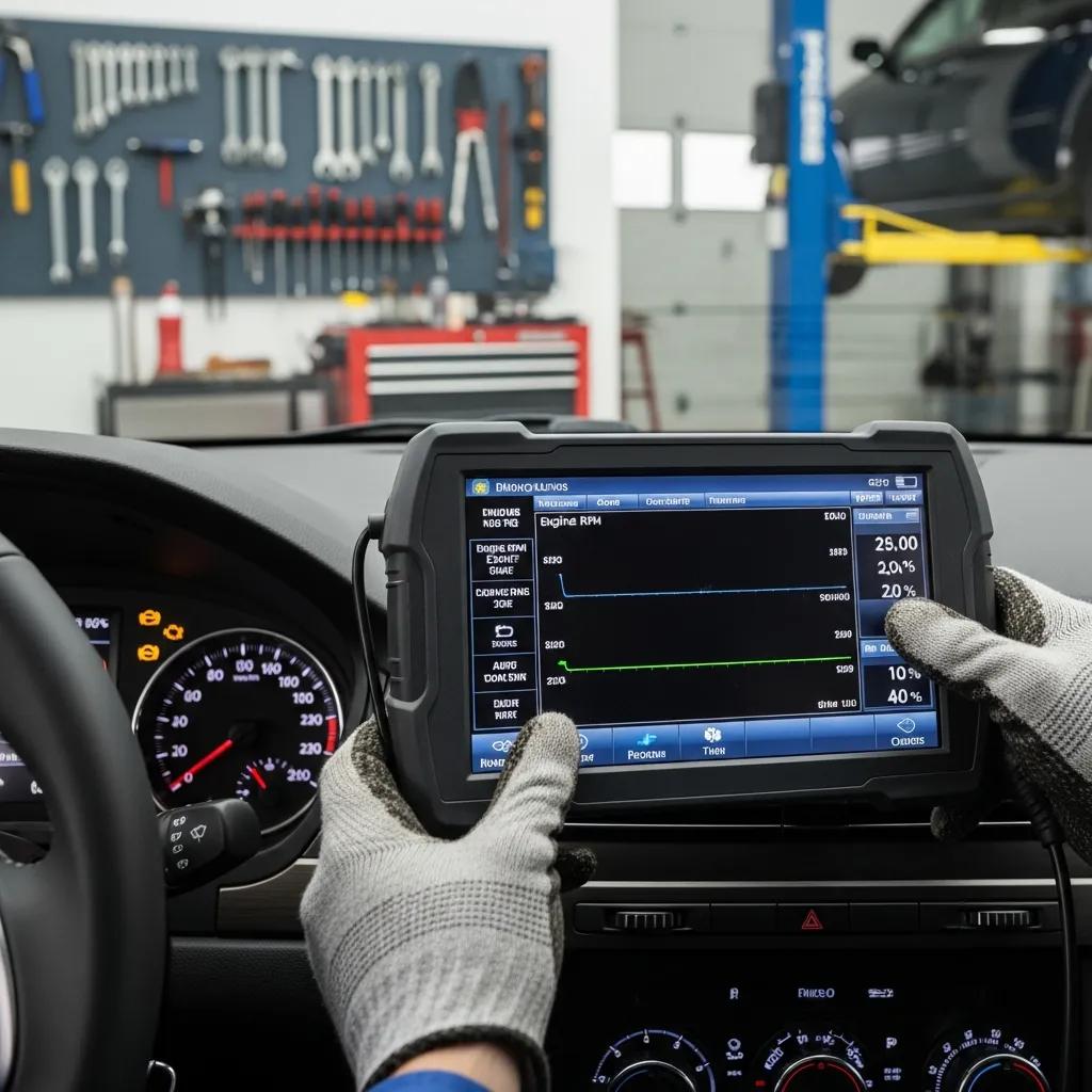 Technician using a diagnostic scan tool to identify vehicle issues, showcasing advanced automotive diagnostics