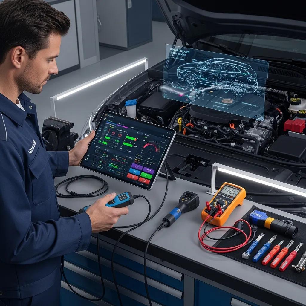 Technician using advanced diagnostic equipment on a vehicle in an auto repair shop