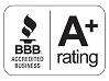 Black and white badge showing the BBB Accredited Business logo on the left and A+ rating on the right, indicating a high rating from the Better Business Bureau.