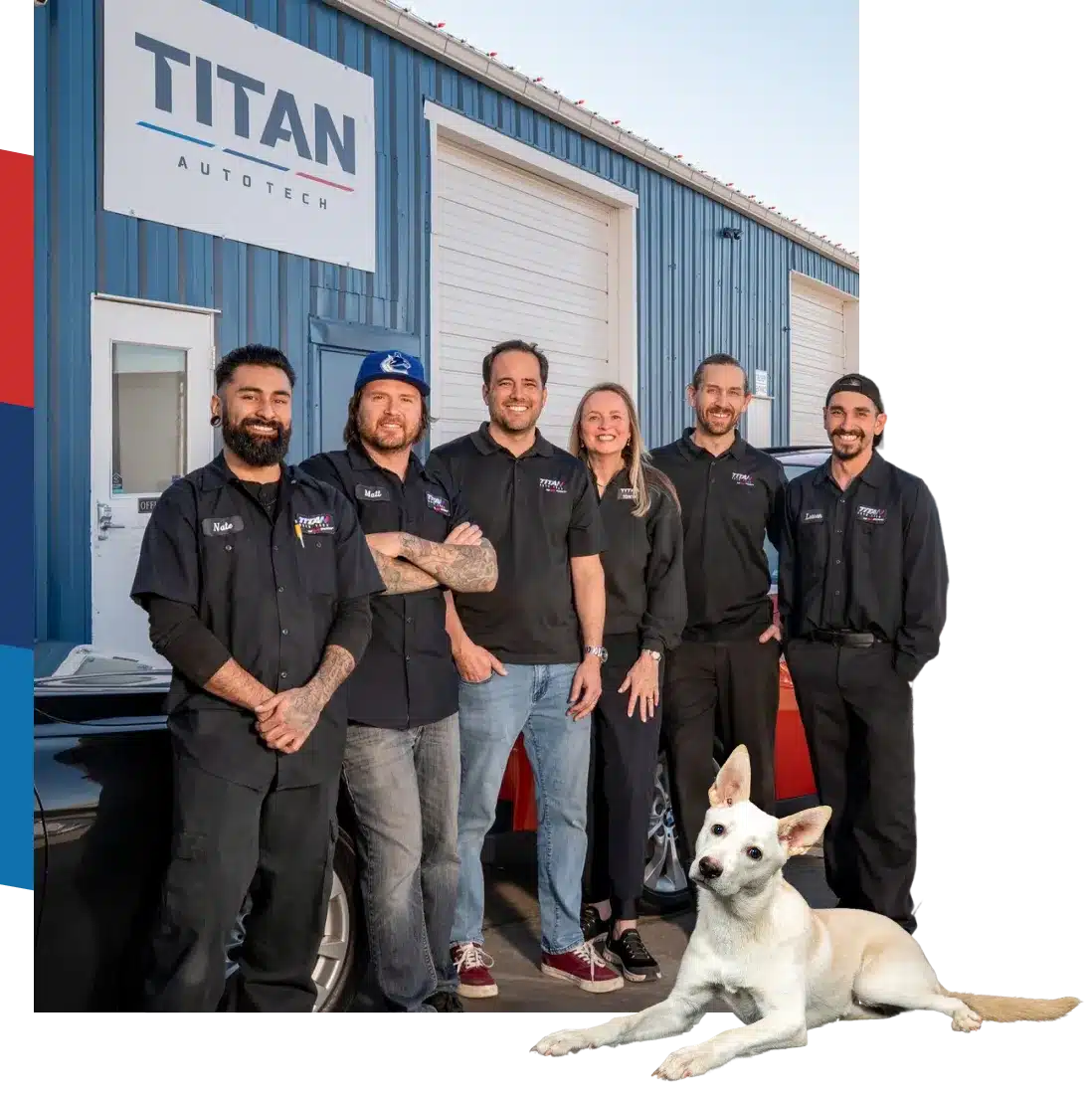 Auto Repair Team In Castle Rock CO At Titan Auto Tech European & Import Auto Repair. A group of six people in black uniforms stand smiling in front of a blue and white building labeled Titan Auto Tech, with a white dog lying in the foreground.
