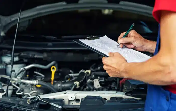 Vehicle Inspections In Castle Rock CO At Titan Auto Tech European & Import Auto Repair. A mechanic in a red shirt writes on a clipboard while inspecting a car engine with the hood open. The engine components are visible in the background.