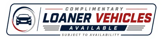 Complimentary loaner vehicles available, subject to availability. Illustration of a car on the left, with bold text emphasizing Loaner Vehicles..